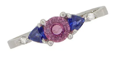 Antique Jewelry Mall Pink and Blue Sapphire Love Ring with Diamonds in 10 Karat White Gold Rings