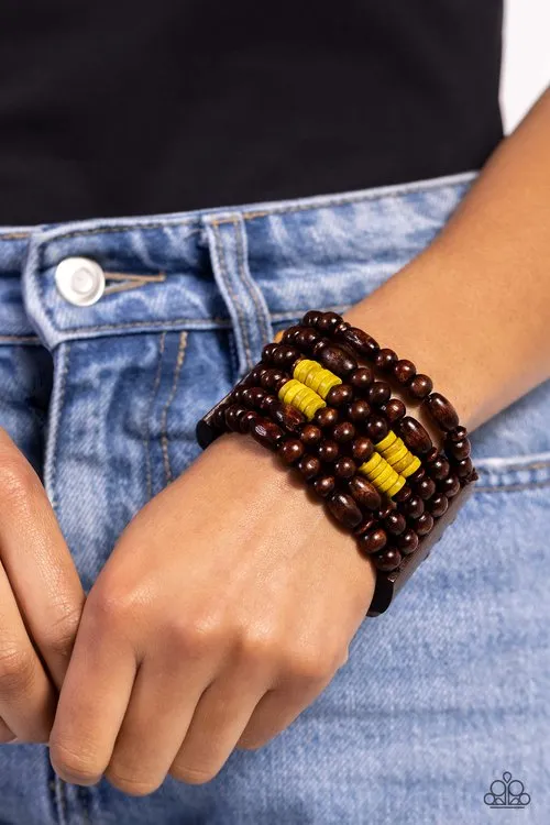 Bracelets Paradise Palazzo Yellow and Brown Wooden Bead Stretchy Bracelet Paparazzi Paparazzi Accessories