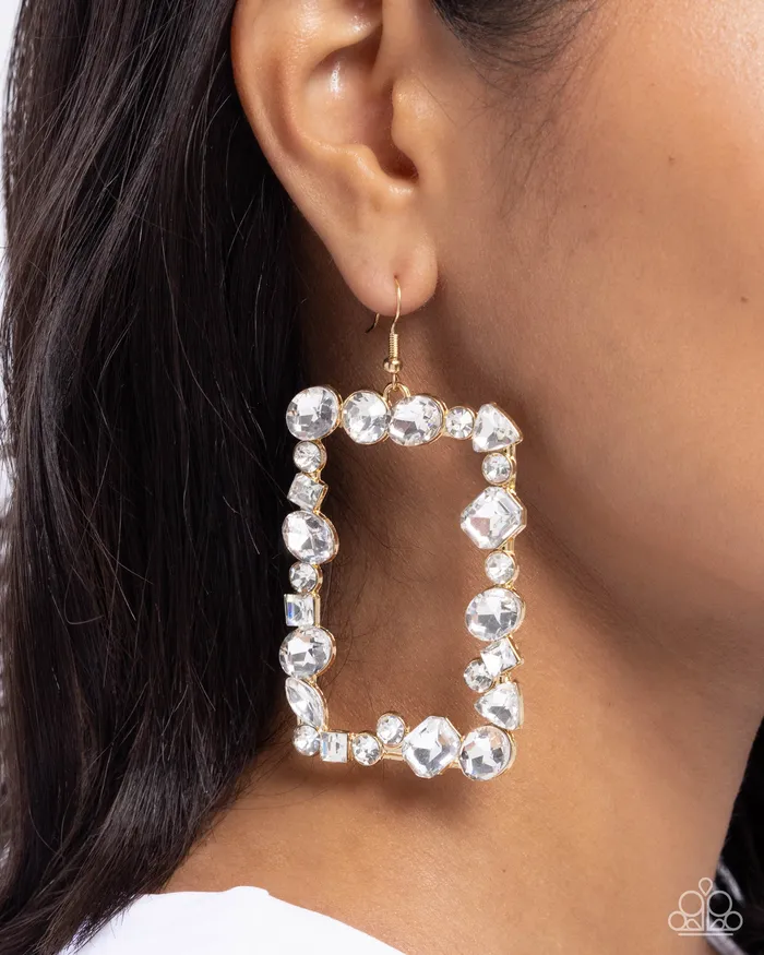 Earrings Paparazzi Accessories Wishful Wardrobe Gold Rectangle Frame White Gem Earrings Paparazzi