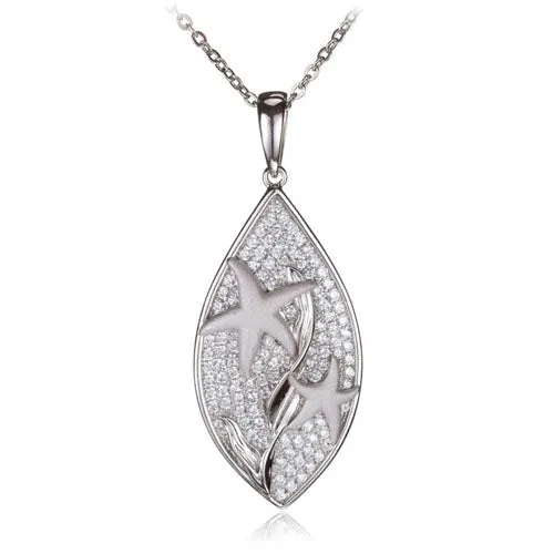 Nakoa Jeweler Necklaces Sterling Silver Pave Cubic Zirconia Star Fish in Leaf PendantChain Sold Separately