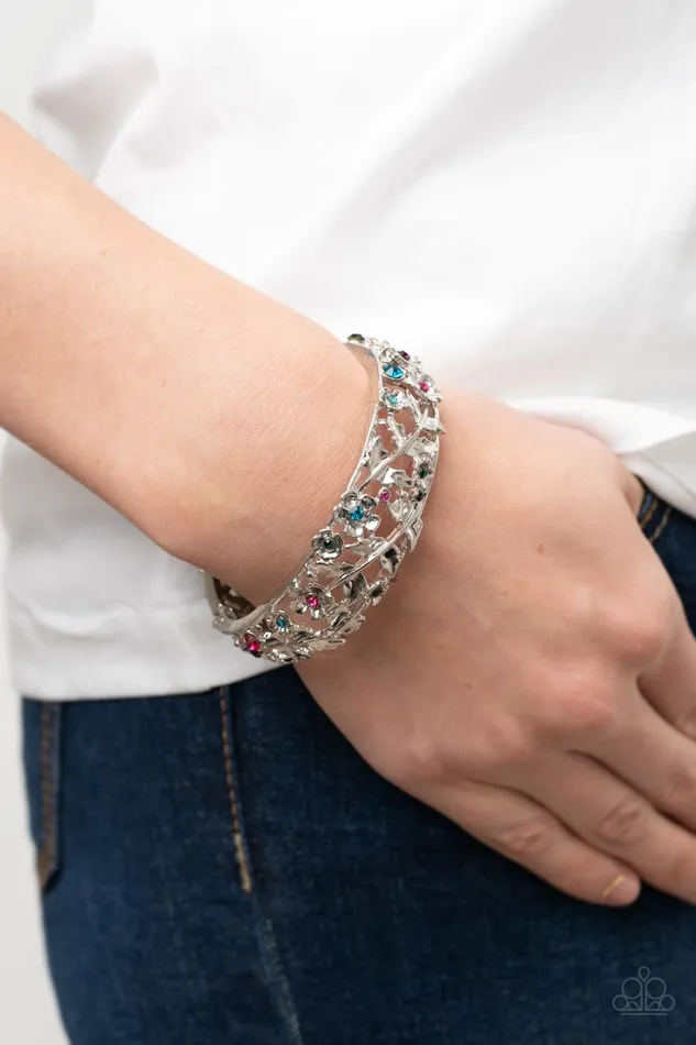 Paparazzi Accessories Bracelets Ripe for the Picking Multi Purple Blue Green Pink Rhinestone Silver Floral HInged Bracelet Paparazzi