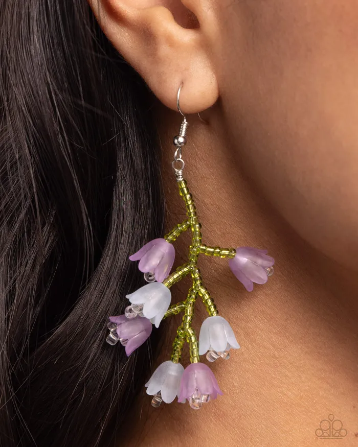 Paparazzi Accessories Earrings Beguiling Bouquet Purple Tulip Flower Green Seed Bead Earrings Paparazzi