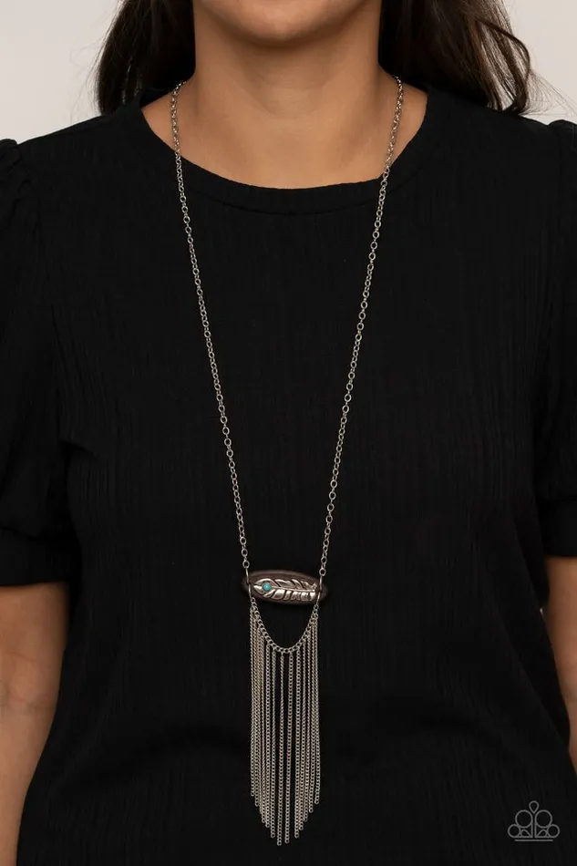 Paparazzi Accessories Necklaces Desert Spirit Blue Turquoise Brown Wood Silver Feather Necklace Paparazzi