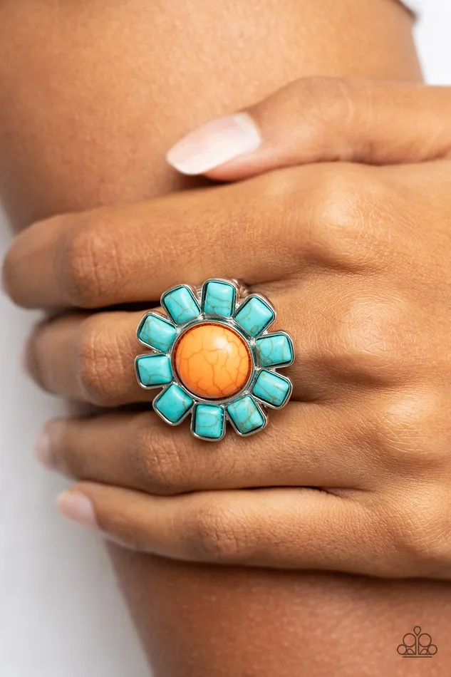 Paparazzi Accessories Rings Mojave Marigold Orange and Turquoise Stone Silver Flower Ring Paparazzi