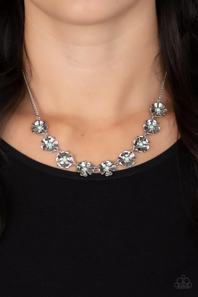 Petunia Palace Green Opaque Rhinestone Silver Flower Necklace Paparazzi Paparazzi Accessories Necklaces