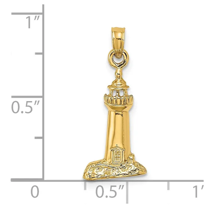 Qgold 14k Yellow Gold 1045 mm 2D Polished and Textured Lighthouse Charm 126 grams Charm Necklaces