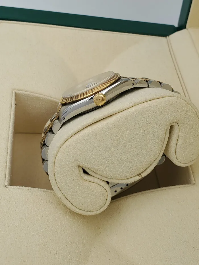 Rings Rolex Ladies Rolex Midsize 31mm DateJust Two Tone 18K Yellow Gold Stainless Steel Watch with Silver Diamond Dial and Fluted Bezel PreOwned 682735