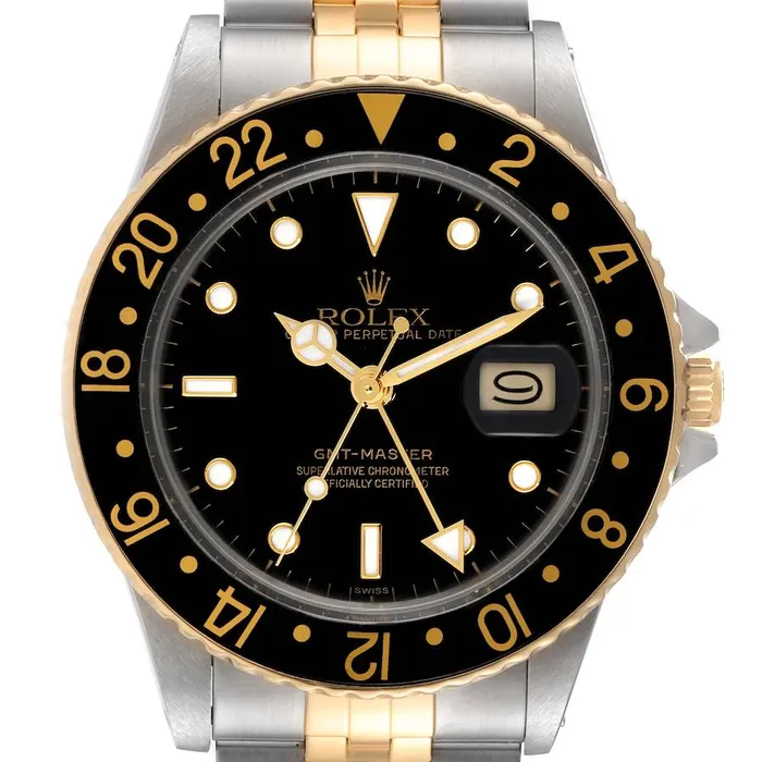 Rolex Rings 1985 Mens Rolex 40mm GMT Vintage Master 18K Gold Stainless Steel Two Tone Watch with Black Bezel and Black Dial PreOwned 16753