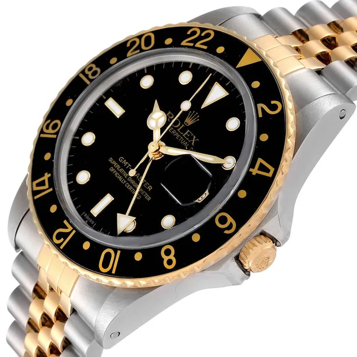 Rolex Rings 1985 Mens Rolex 40mm GMT Vintage Master 18K Gold Stainless Steel Two Tone Watch with Black Bezel and Black Dial PreOwned 16753