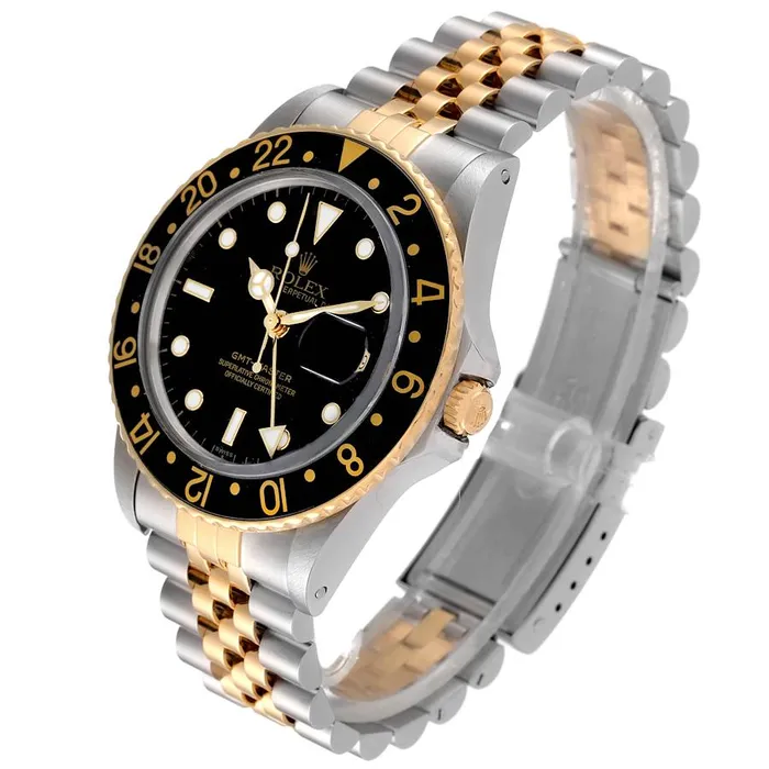 Rolex Rings 1985 Mens Rolex 40mm GMT Vintage Master 18K Gold Stainless Steel Two Tone Watch with Black Bezel and Black Dial PreOwned 16753