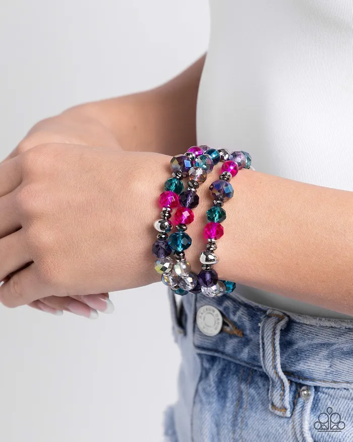 Stack of GLASS Multi Color Oil Spill Bead Silver Stretchy Bracelet Set Paparazzi Paparazzi Accessories Bracelets