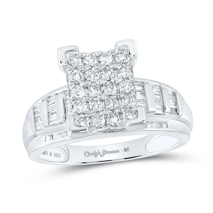 Sterling Silver Cluster Bridal Wedding Engagement Ring 1 Cttw Round Natural Diamond Womens 44 grams GND Rings